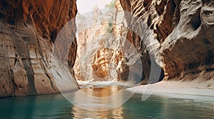 Narrow Canyon Landscape: Tranquil Waters And Earth Tones