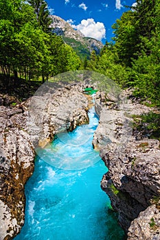 Narrow canyon with wonderful turquoise Soca river, Bovec, Slovenia