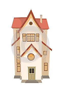 Narrow cartoon house. Cozy simple rural dwelling in a traditional European style. Three-story. Sweet home. Isolated on