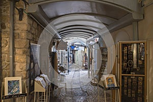 Narrow city street of shops and art galleries in Tzfat