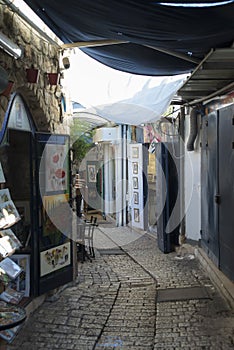 Narrow city street of shops and art galleries in Tzfat