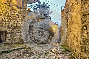 Narrow cobbled alley in old town. Deir al Qamar, Lebanon