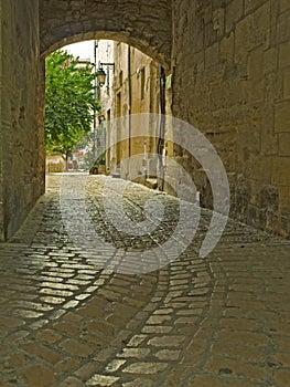 Narrow cobbled passageway photo