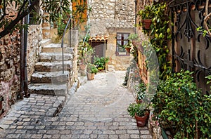 Narrow cobbled street with flowers in the old village Tourrettes-sur-Loup , France.