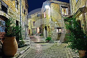 Narrow cobbled street with flowers in the old village