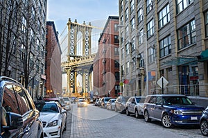 Narrow Cobbled Street with Manhattan Bridge in Background