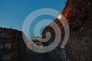 Narrow cobblestone path with an old fashioned lantern inside Kalemegdan fortress at blue hour, Belgrade