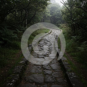 A narrow cobblestone pathway winds its way through a dense, misty forest, bordered photo