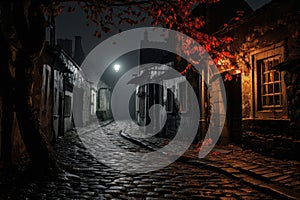 A narrow cobblestone street at medieval style village