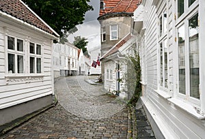 Narrow cobblestone street in Stavanger Norway