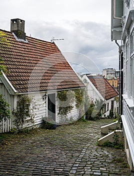 Narrow cobblestone street in Stavanger Norway