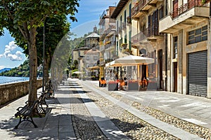 Narrow cobblestone street in town of Cannobio, Italy