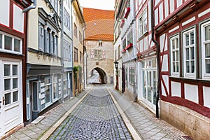 Narrow cobblestoned street in the historic center of Muhlhausen