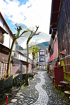 Narrow and cobblestoned Yanaka Lane with a canal along it in Gujo, Japan