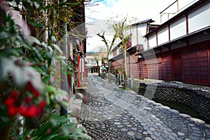 Narrow and cobblestoned Yanaka Lane with a canal along it in Japan