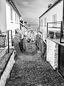 Narrow coblbed street in Clovelly village North Devon - Black and White