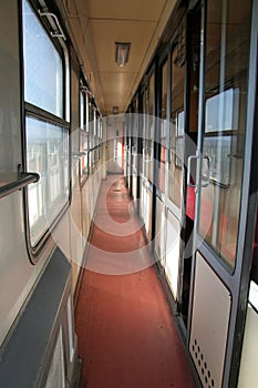 Narrow corridor in old train