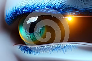 Narrow cyber eye. Close up. Futuristic eye, universe.