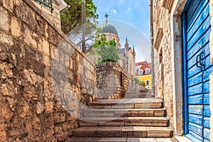 Narrow european street near Church of St. Jerome in Herceg Novi, Montenegro