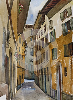 Narrow Florence street in a sunny day original watercolor painting, urban italian illustration, perspective deformation