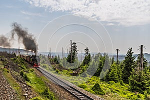 The narrow-gauge railway Brockenbahn in the German low mountain range Harz drives up the highest mountain Brocken