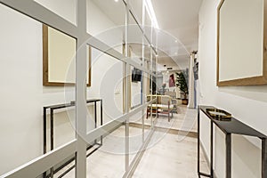 Narrow hallway of a house with a wall covered with mirrors