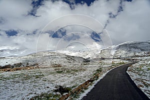 The road to Syria on the slopes of Qurnat as Sawda - Lebanon`s highest peak.