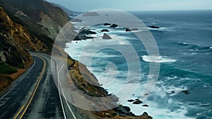 The narrow highway s through the rugged coastline providing exhilarating views of the crashing waves below. . AI