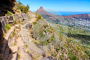 Narrow hiking path on Table Mountain, Cape Town, South Africa
