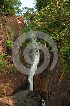 A narrow jungle waterfall dinning in the daylight