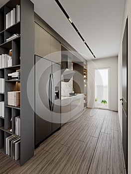 Narrow kitchen interior with kitchen furniture with shelves and decor in brown and beige