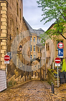 Narrow medieval street in Luxembourg, Benelux, HDR