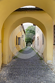 Narrow medieval street. Town Spisska Sobota. Poprad city, Slovakia