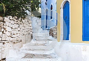 Narrow old colored streets of greek island