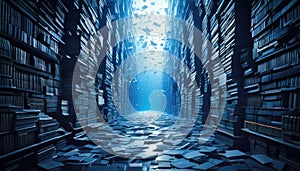 Narrow passage between tall stacks of books, with scattered papers flying around. Generated with AI