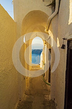 Narrow passageway in Imerovigli village resort Santorini scenery Greece