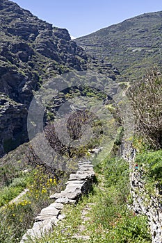 Narrow path in the mountains Cyclades, Andros Island, Greece