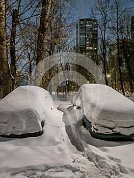 A narrow path in the snow between snow-covered cars on a winter evening in the city