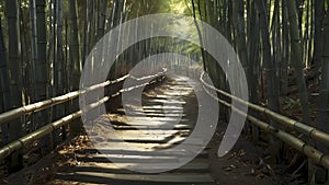 A narrow path winding through a dense bamboo forest.