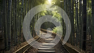 A narrow path winding through a dense bamboo forest.