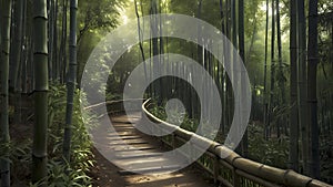 A narrow path winding through a dense bamboo forest.