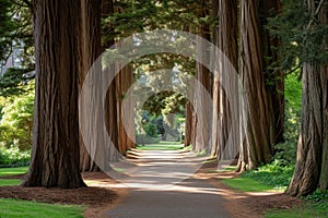 A narrow path winds its way through a densely wooded forest, with tall trees forming a towering canopy overhead, Winding pathway