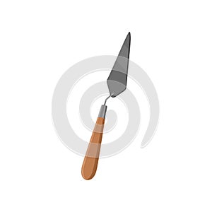 Narrow pointing trowel from stainless steel with wooden handle used in archaeological excavation. Working tool symbol