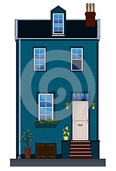 Narrow private house in blue. Frontage. Vector illustration isolated on white