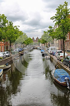 Narrow river channel in the city centre of Haarlem