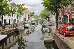 Narrow river channel in the city centre of Haarlem