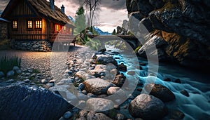 A Narrow River With a Small House on The Edge and a Stones Bridge Over The River AI Generative