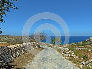 Coastal route demarcated by stone wall photo