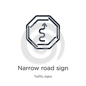 Narrow road sign icon. Thin linear narrow road sign outline icon isolated on white background from traffic signs collection. Line