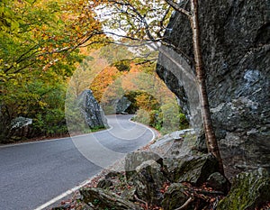 Narrow road in Smugglers Notch near Stowe in Vermont